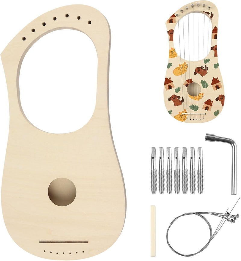 GOGHOST Lyre Harp 7 String DIY Kit, Wooden Instrument Kit Handmade with Basswood Body Strings Tuning Wrench Saddle Bridge Pins, Easy Assembly for Beginners and DIY Enthusiasts - Image 1